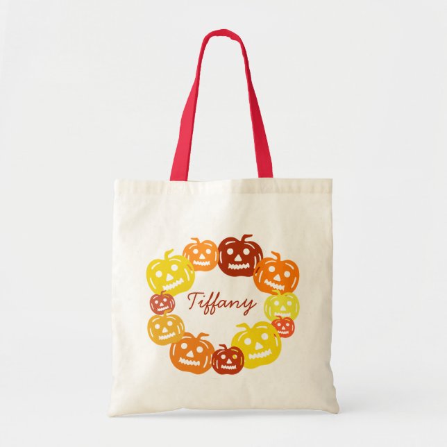 Personalised Retro Colourful Pumpkins Halloween Tote Bag (Front)