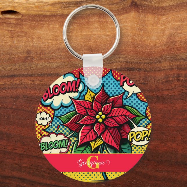 Personalised Retro Comic Book Pop Art Poinsettia Key Ring (Front)
