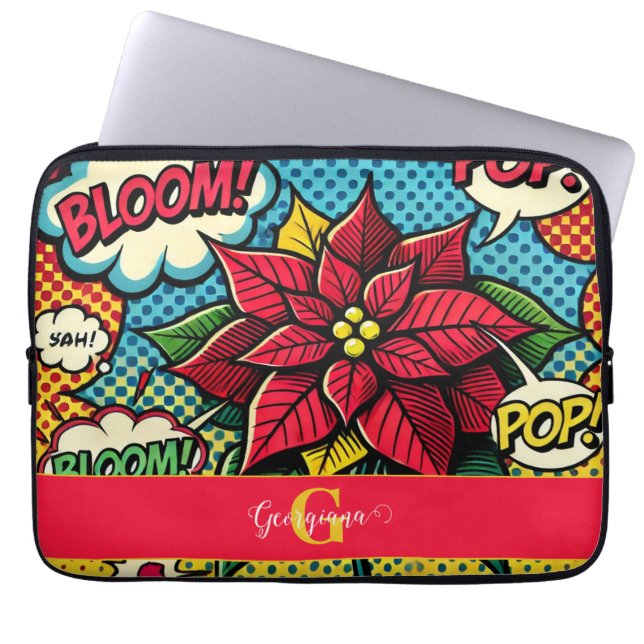 Personalised Retro Comic Book Pop Art Poinsettia Laptop Sleeve (Front)