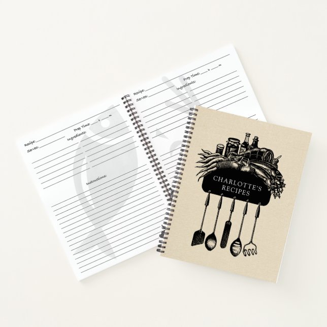 Personalised Retro Cream Black Recipe Notebook (Inside)