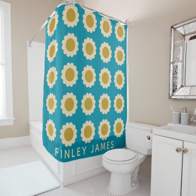 Personalised Retro Daisy Pattern Vibrant Teal Blue Shower Curtain (In Situ)