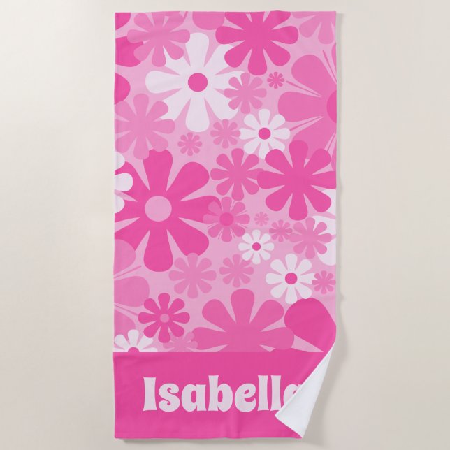 Personalised Retro Floral 60s 70s Y2K Pink Beach Towel (Front)