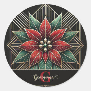 Personalised Retro Floral Art Deco Poinsettia Classic Round Sticker