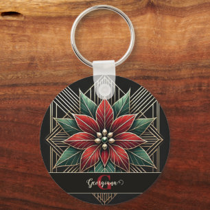 Personalised Retro Floral Art Deco Poinsettia Key Ring