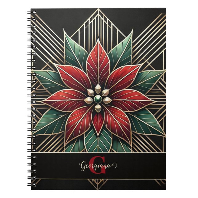 Personalised Retro Floral Art Deco Poinsettia Notebook (Front)