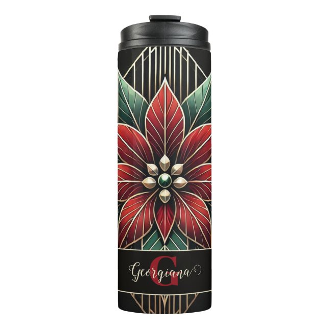 Personalised Retro Floral Art Deco Poinsettia Thermal Tumbler (Front)