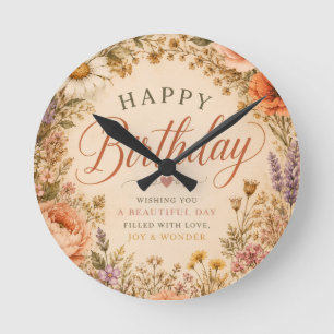 Personalised Retro Floral Birthday with flowers Round Clock