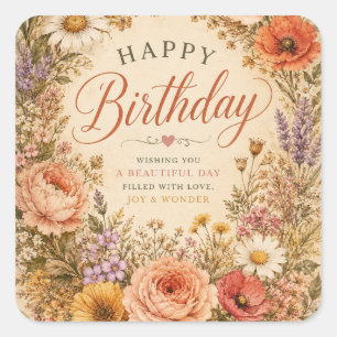 Personalised Retro Floral Birthday with flowers Square Sticker