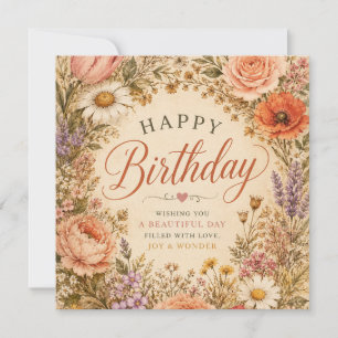 Personalised Retro Floral Birthday with flowers Thank You Card