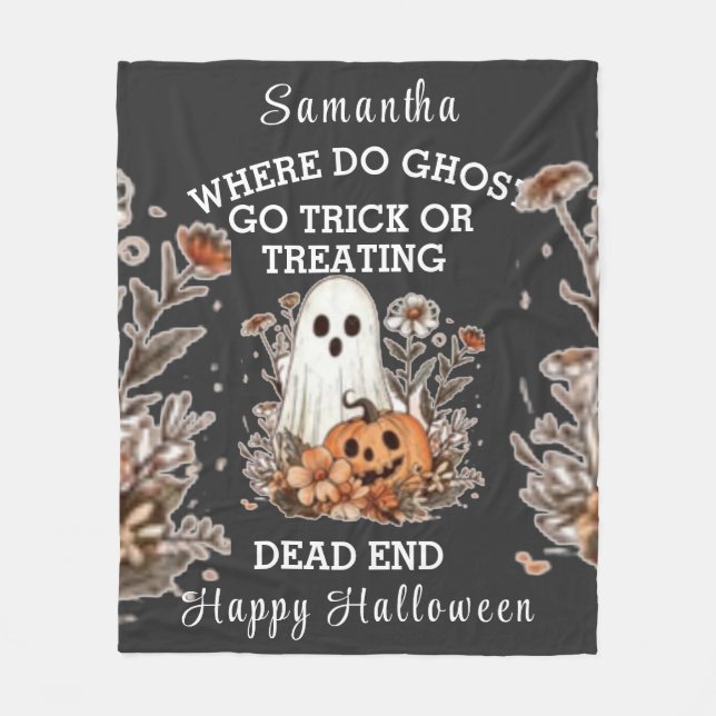 personalised retro floral funny ghost Halloween Fleece Blanket (Front)