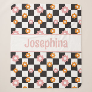 Personalised Retro Floral Pink and Orange Sherpa Blanket