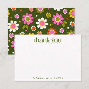 Personalised Retro Floral Playful Pink Green Bold Thank You Card