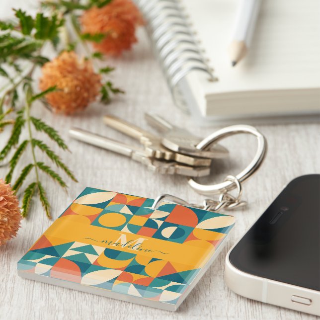 Personalised Retro Geometric Colourful  Key Ring (Front Right)