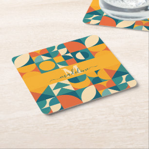 Personalised Retro Geometric Colourful  Square Paper Coaster