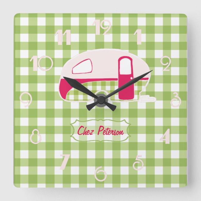 Personalised Retro Gingham Caravan Design Clock (Front)
