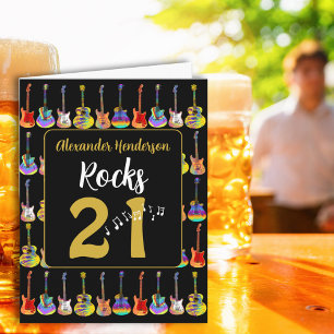 Personalised Retro Guitar 21st Birthday Black Gold Card