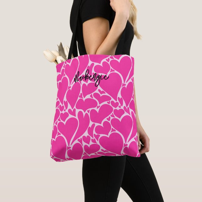 Personalised Retro Hearts Coquette Pattern Pink Tote Bag (Close Up)