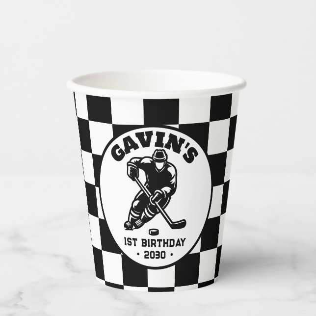 Personalised Retro Ice Hockey Birthday Party Paper Cups (Front)
