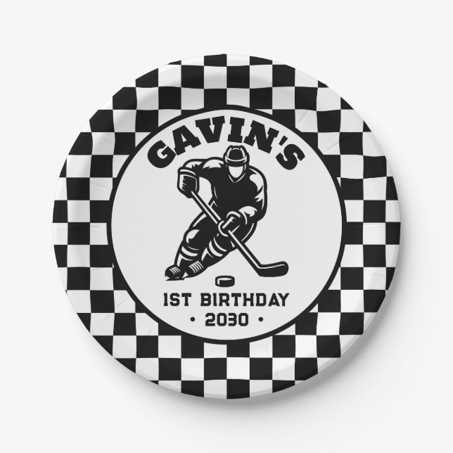 Personalised Retro Ice Hockey Birthday Party Paper Plate (Front)