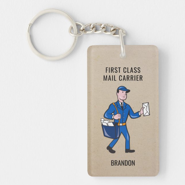 Personalised Retro Mailman Letter Carrier Key Ring (Front)