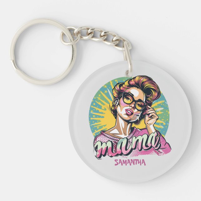 Personalised Retro  Mama Pop Art (16) Key Ring (Front)