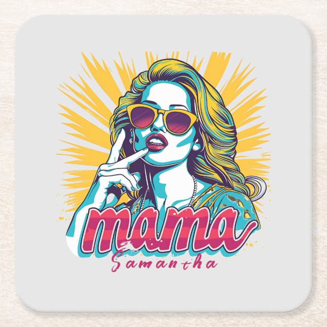 Personalised Retro  Mama Pop Art (5) Square Paper Coaster (Front)