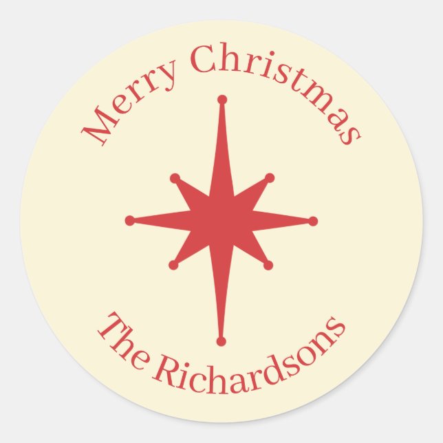 Personalised Retro Midcentury Christmas Red Star Classic Round Sticker (Front)