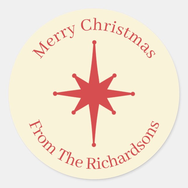 Personalised Retro Midcentury Christmas Red Star Classic Round Sticker (Front)