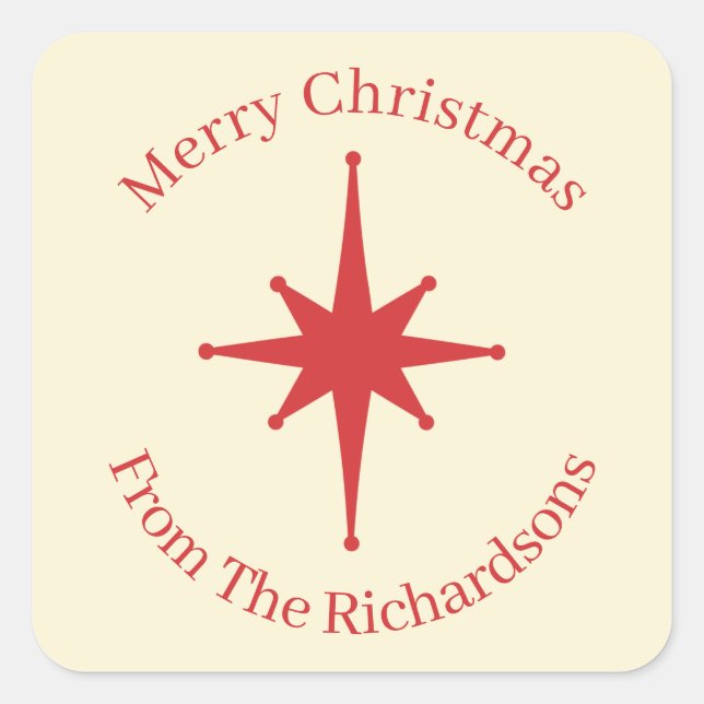Personalised Retro Midcentury Christmas Star Square Sticker (Front)