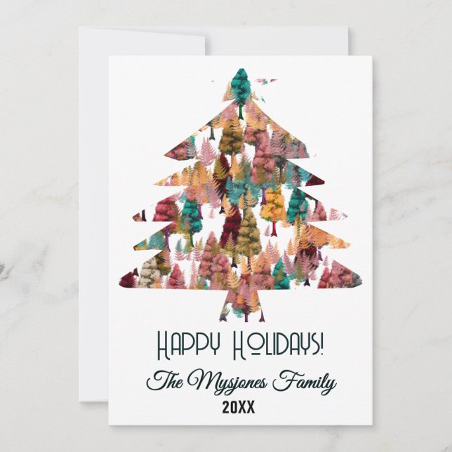 Personalised Retro Minimalist Colours Trees Holiday Card (Front)