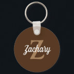 Personalised Retro Monogram Brown Tan White Key Ring<br><div class="desc">This personalised keychain features a tan monogram and white retro script name on a brown background.</div>