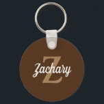 Personalised Retro Monogram Brown Tan White Key Ring<br><div class="desc">This personalised keychain features a tan monogram and white retro script name on a brown background.</div>