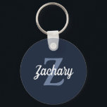 Personalised Retro Monogram Navy Blue White Key Ring<br><div class="desc">This personalised keychain features a grayish blue monogram and white retro script name on a navy blue background.</div>