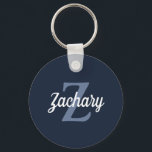 Personalised Retro Monogram Navy Blue White Key Ring<br><div class="desc">This personalised keychain features a grayish blue monogram and white retro script name on a navy blue background.</div>