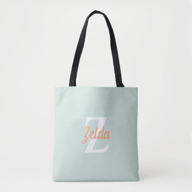 Personalised Retro Monogram Seafoam Green Orange Tote Bag (Front)