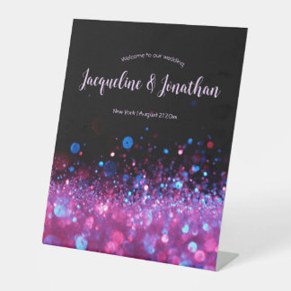 Personalised Retro Neon Pink Black Glitter Wedding Pedestal Sign