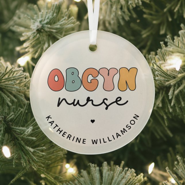 Personalised Retro OBGYN Nurse Glass Tree Decoration (Insitu)