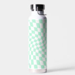 Personalised Retro Pastel Mint Wavy Chequered Water Bottle<br><div class="desc">Modern retro Water Bottle in pastel checks with custom name</div>