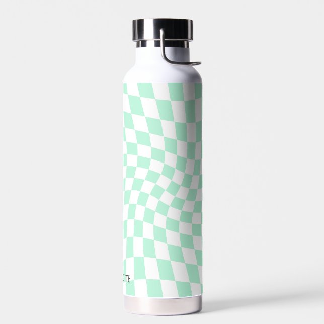 Personalised Retro Pastel Mint Wavy Chequered Water Bottle (Left)
