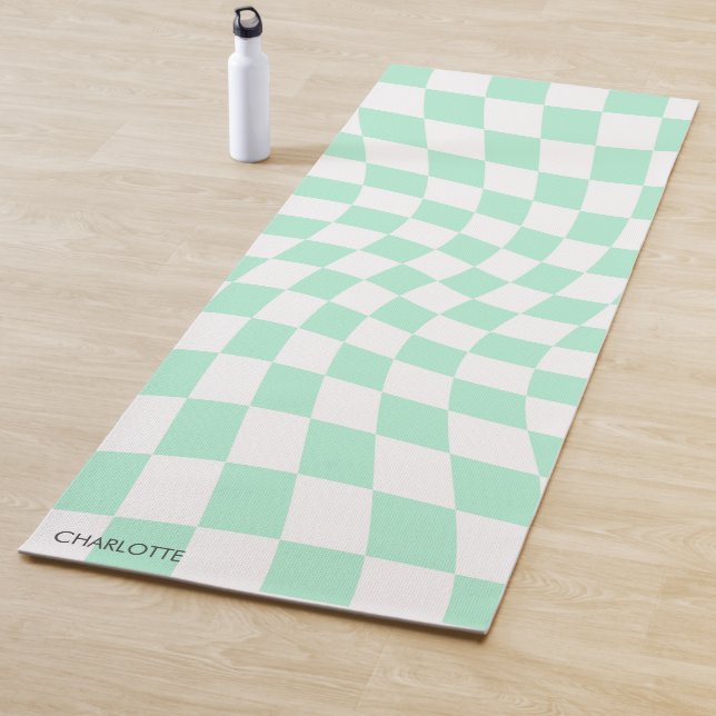 Personalised Retro Pastel Mint Wavy Chequered Yoga Mat (In Situ)