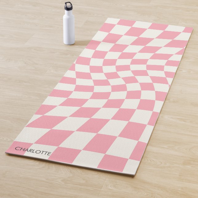 Personalised Retro Pastel Pink Wavy Chequered Yoga Mat (In Situ)