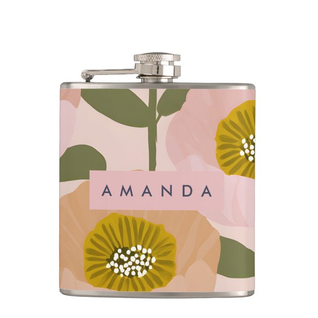 Personalised Retro Peach and Pink Floral Style Hip Flask (Front)