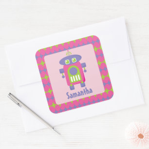 Personalised Retro Pink, Purple and Green Robot Square Sticker