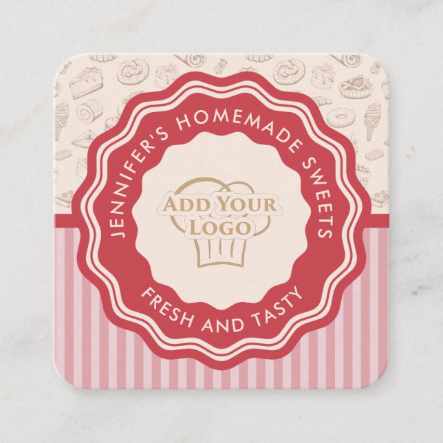 Personalised Retro Pink Stripes Bakery Logo Square Business Card (Front)