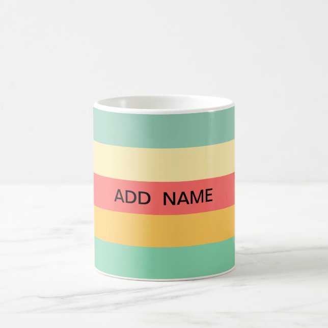 Personalised Retro Pink Yellow Green Blue Stripes Coffee Mug (Center)
