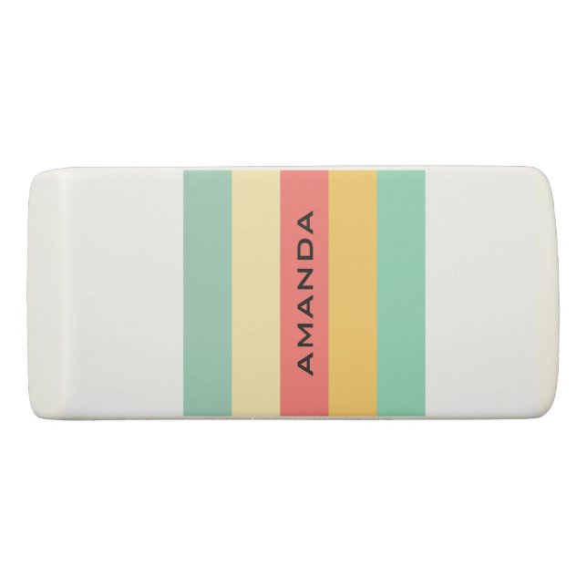 Personalised Retro Pink Yellow Green Blue Stripes Eraser (Front)