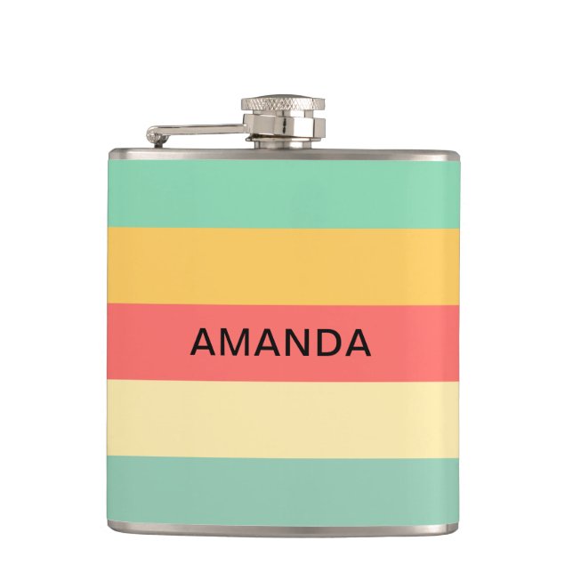 Personalised Retro Pink Yellow Green Blue Stripes Hip Flask (Front)