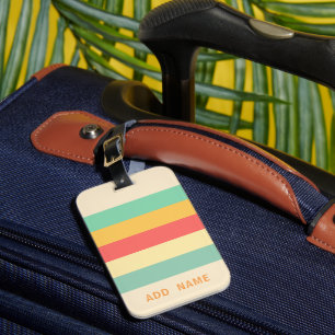 Personalised Retro Pink Yellow Green Blue Stripes Luggage Tag