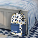 Personalised Retro Polka Dot Blue Printed Backpack<br><div class="desc">This stylish retro backpack features abstract polka dots in blue,  black,  gold and stripes. Add your name to personalised.</div>