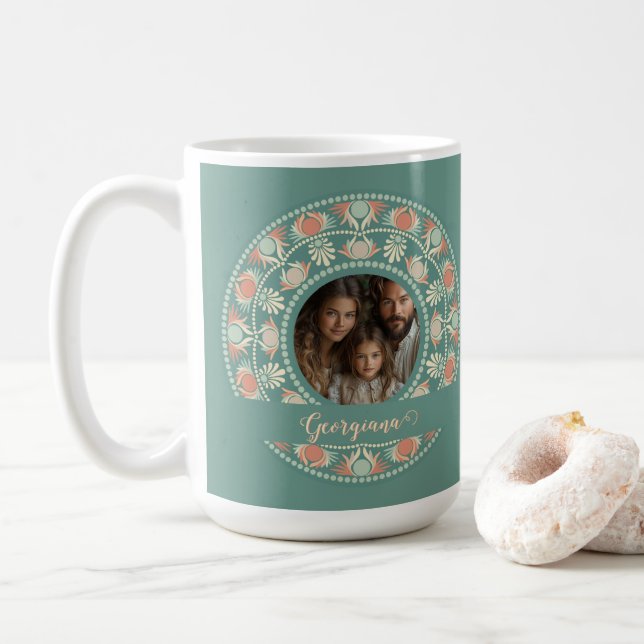 Personalised Retro Sage & Sand Mandala Photo Frame Coffee Mug (With Donut)